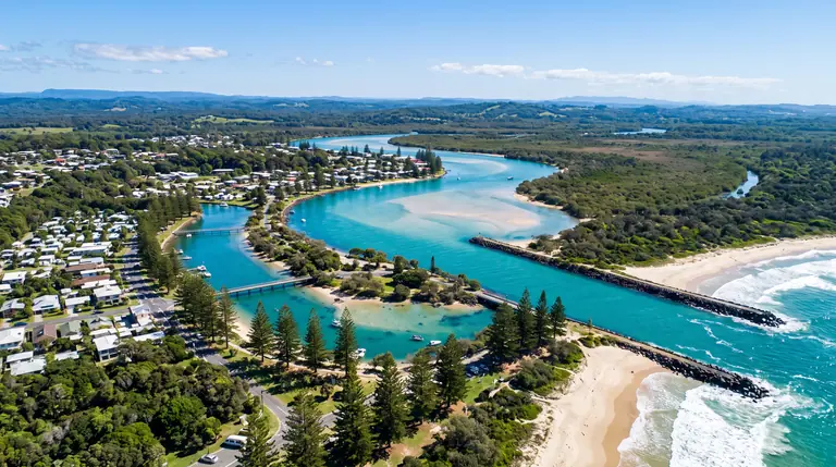 Aerial view of the Brunswick River meeting the ocean
