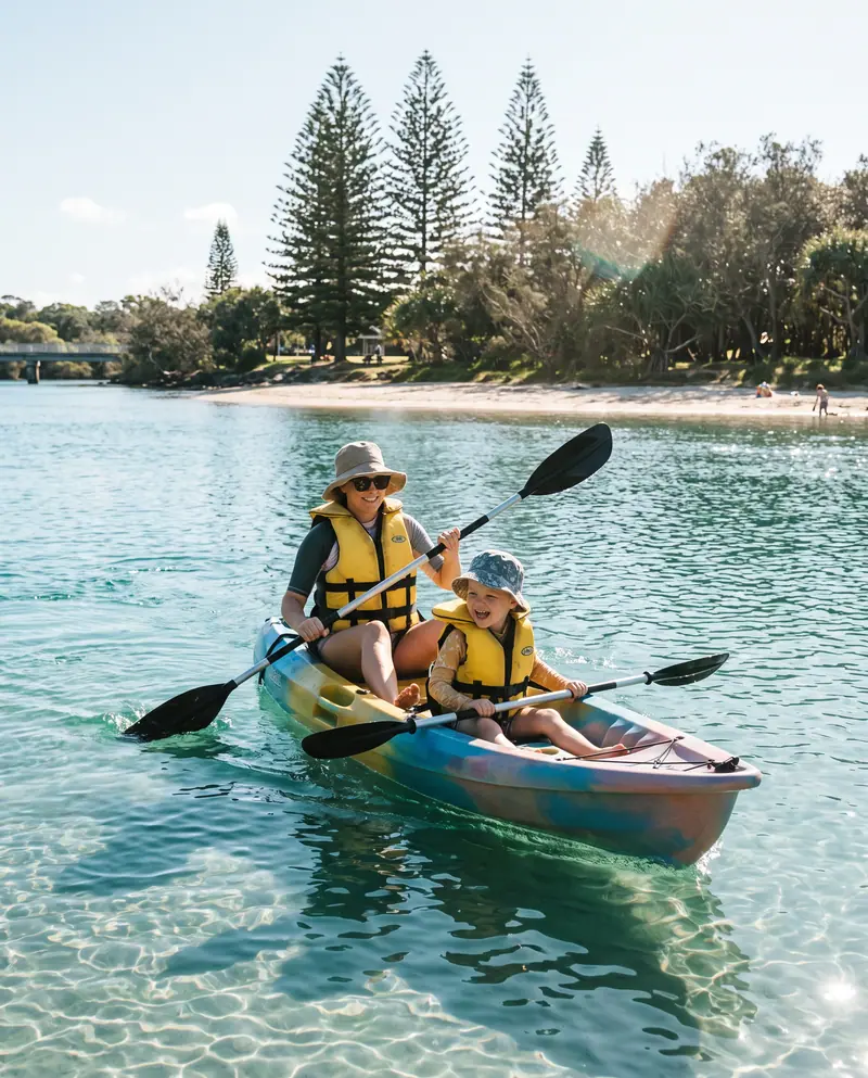 A parent and young child in life jackets laughing in a double kayak
